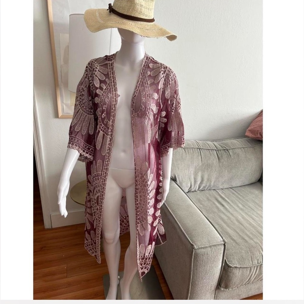 Boho Western Gipsy Burgundy Floral Sheer Kimono Size M - Picture 2 of 8